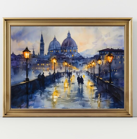 Florence Italy Duomo Dusk Bridge Lamplight Watercolor Travel Poster