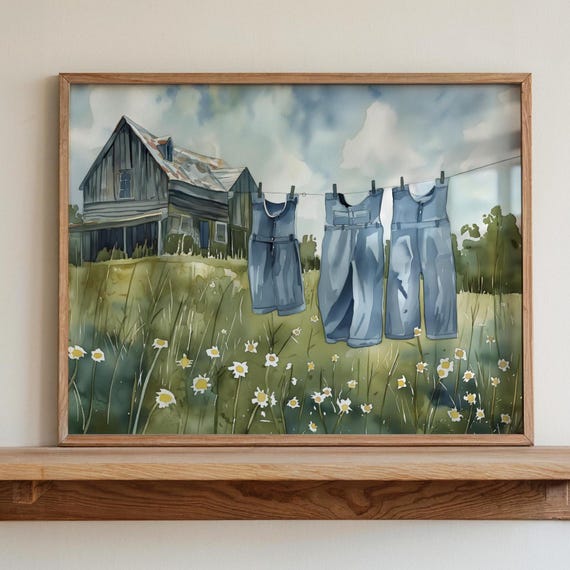 Laundry On A Line Matte Horizontal Posters Laundry Room Art Vintage Cottagecore Garden Painting Print Farmhouse Wall Decor Country Art Print