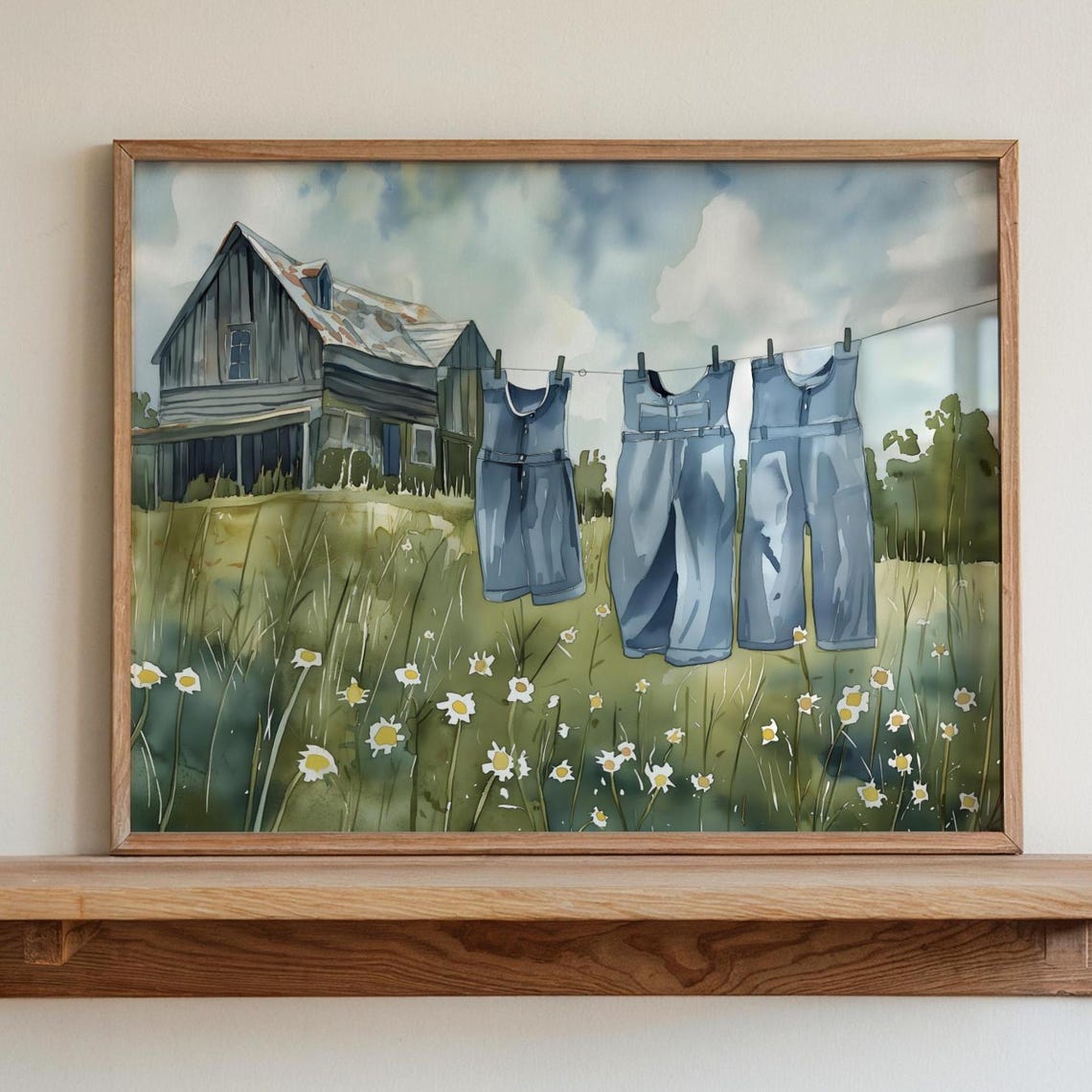 Denim Overalls on Clothesline by Barn Wildflower Watercolor Poster