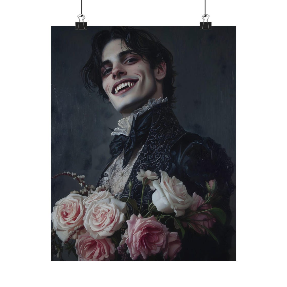 Grinning Vampire Man Fangs Roses Victorian Coat Dark Gothic Art Print - Image 2