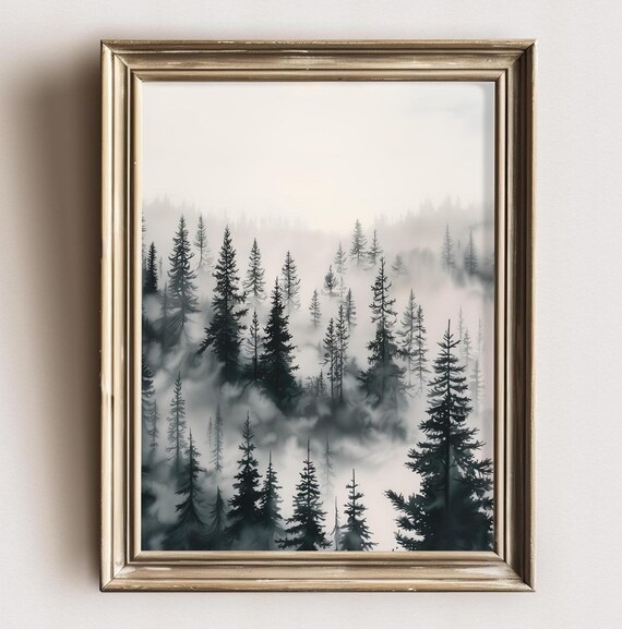 Pine Tree Forest Print Moody Foggy Landscape Vintage Pine Tree Forest Winter Landscape Print Misty Forest Fall Rustic Cabin Wall Decor
