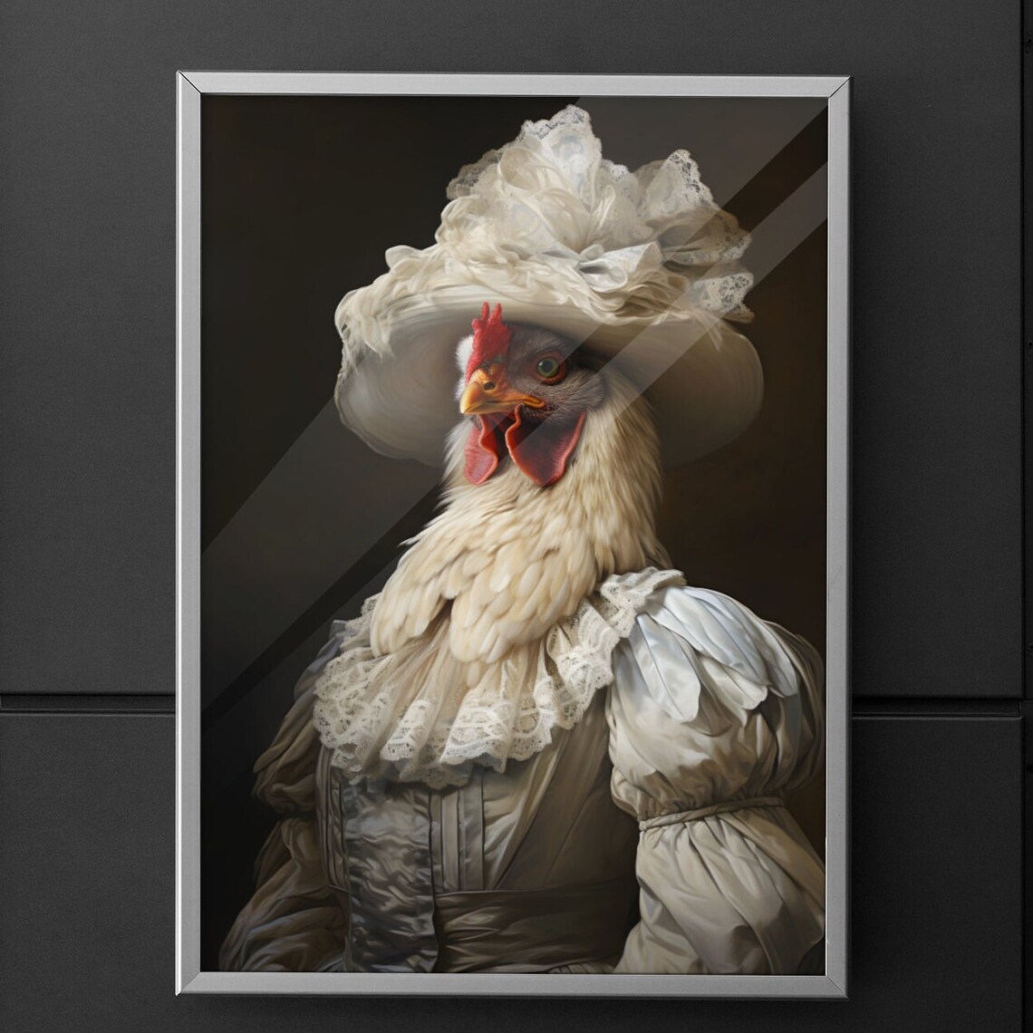 Victorian Chicken Lady Lace Hat Funny Vintage Portrait Wall Art - Image 2