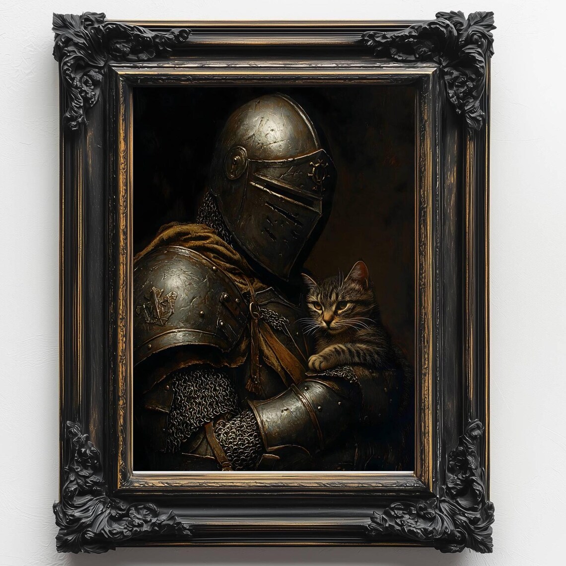 Medieval Knight With Cat, Dark Academia Art Print