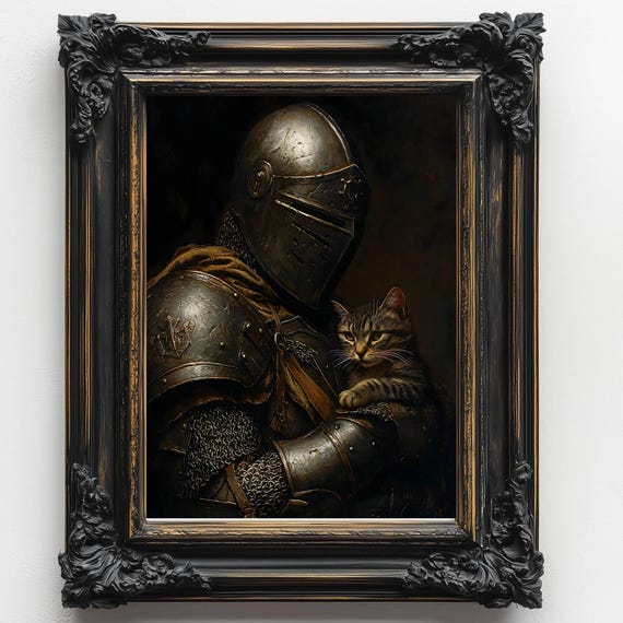 Medieval Knight With Cat, Dark Academia Art Print