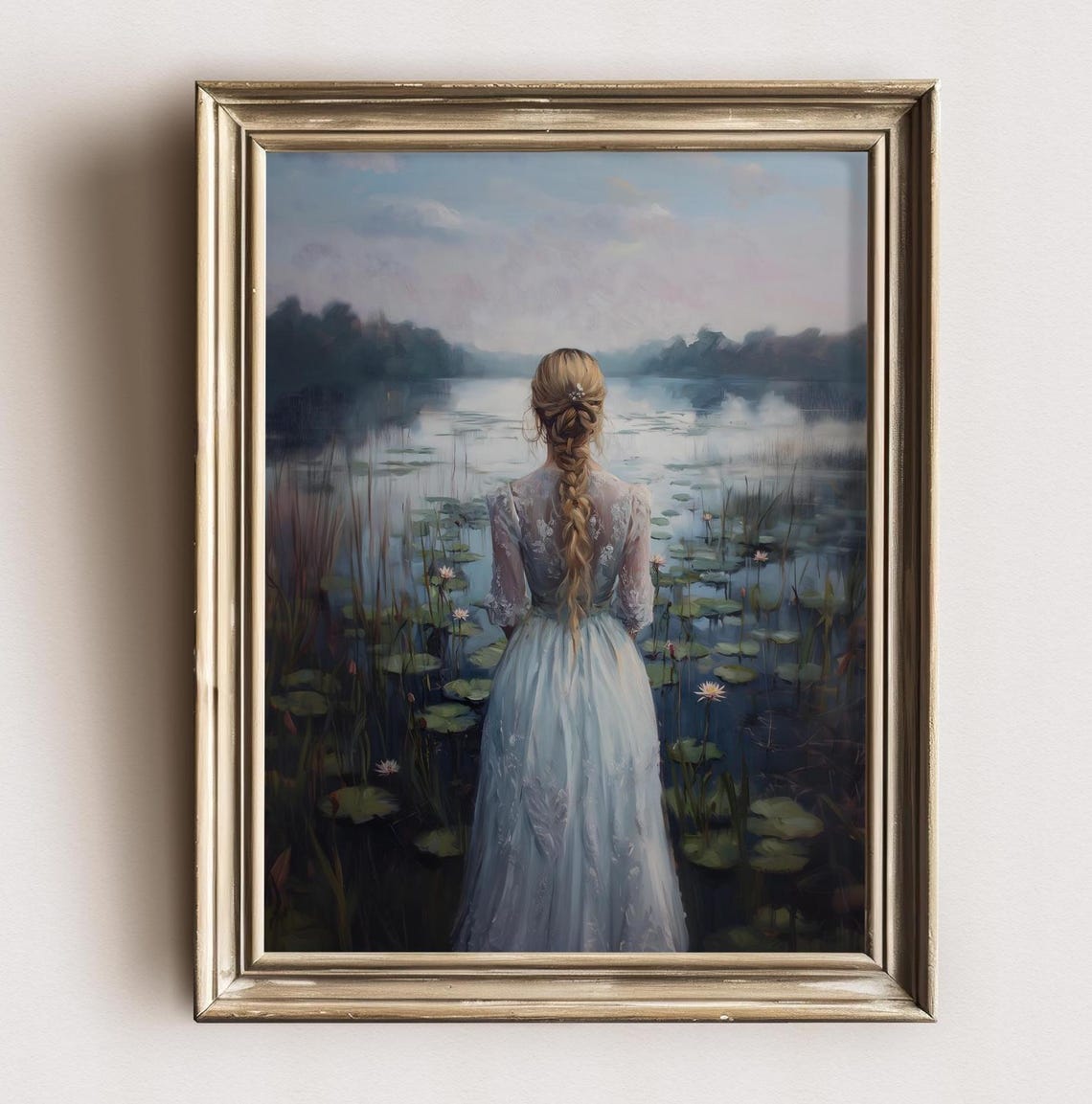 Blonde Girl Long Braid White Lace Dress Misty Lake Water Lilies Poster