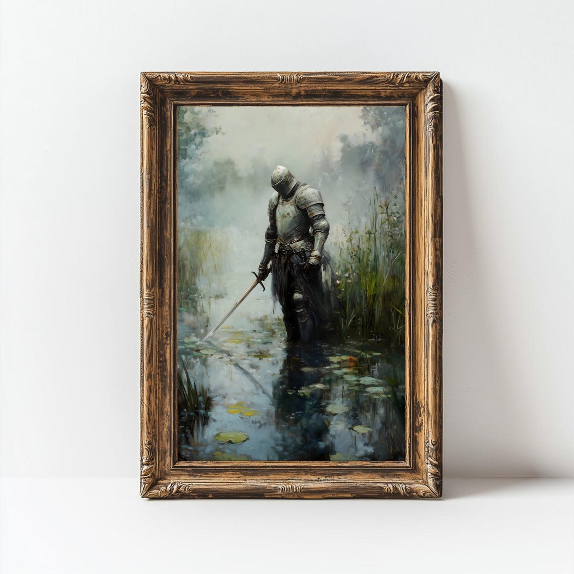 Medieval Knight In Misty Pond Armor Sword Moody Gothic Art Poster - Image 2