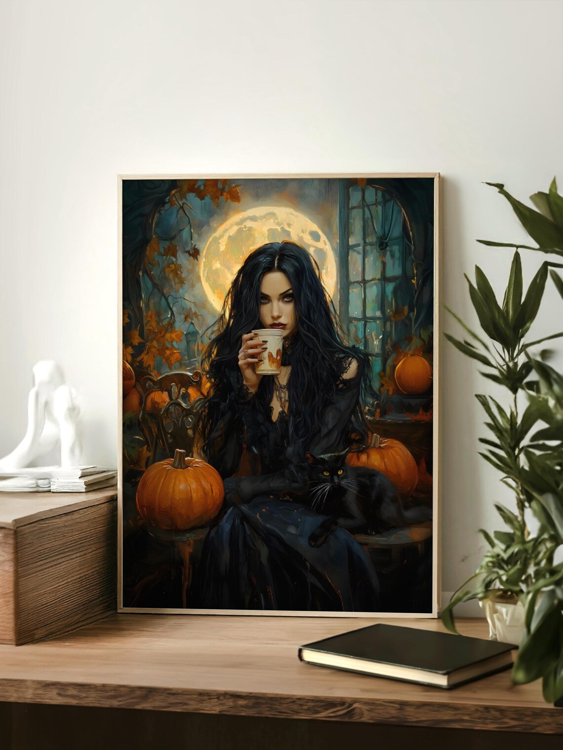 Gothic Witch Drinking Coffee Full Moon Pumpkins Black Cat Halloween Poster - Image 3