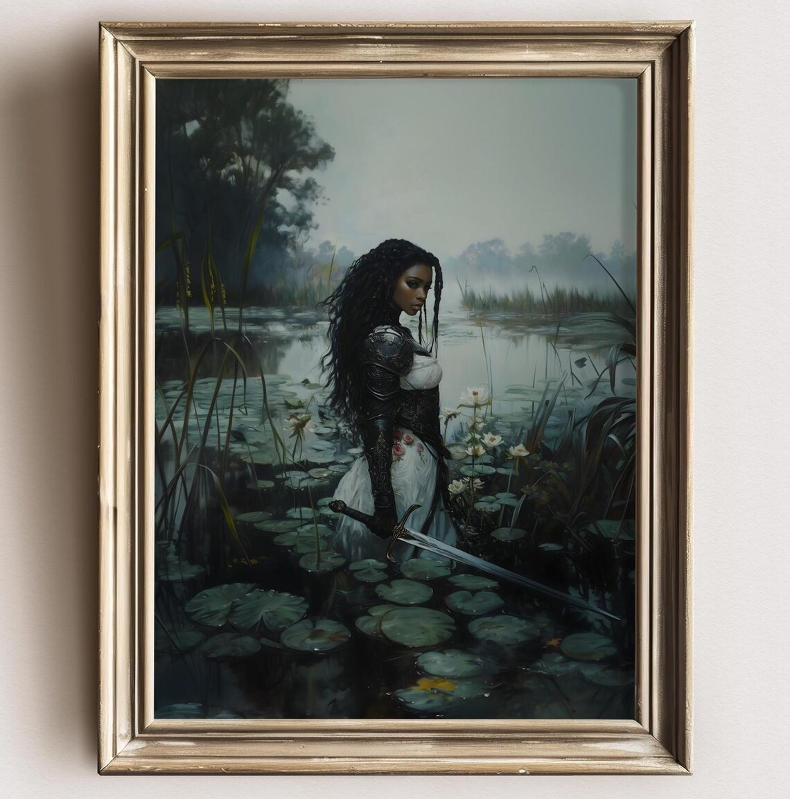 Black Female Knight Armor Sword Misty Water Lily Pond Fantasy Wall Art - Image 2