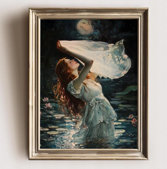 Redhead Woman Moonlit Lily Pond Sheer Veil Gothic Painting Poster