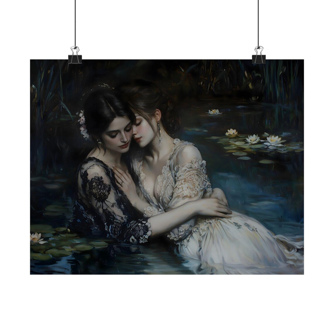 Moonlit Lovers Lily Pond Embrace Black White Gowns Oil Painting Print - Image 2