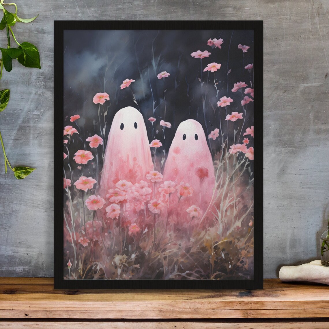 Moody Pink Flowers and Ghosts Art Print, Cottagecore