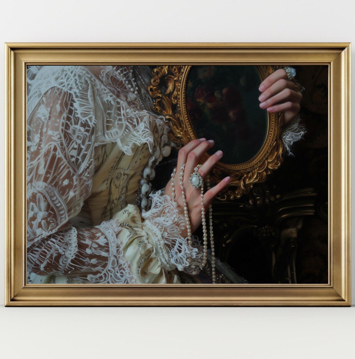 Woman In White Lace Holding Dark Oval Mirror Pearls And Jewels Victorian Art Poster