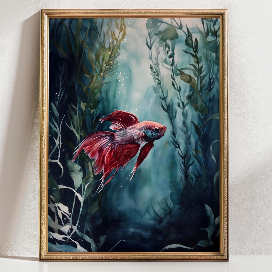 Red Betta Fish In Green Kelp Forest Light Rays Watercolor Art Poster