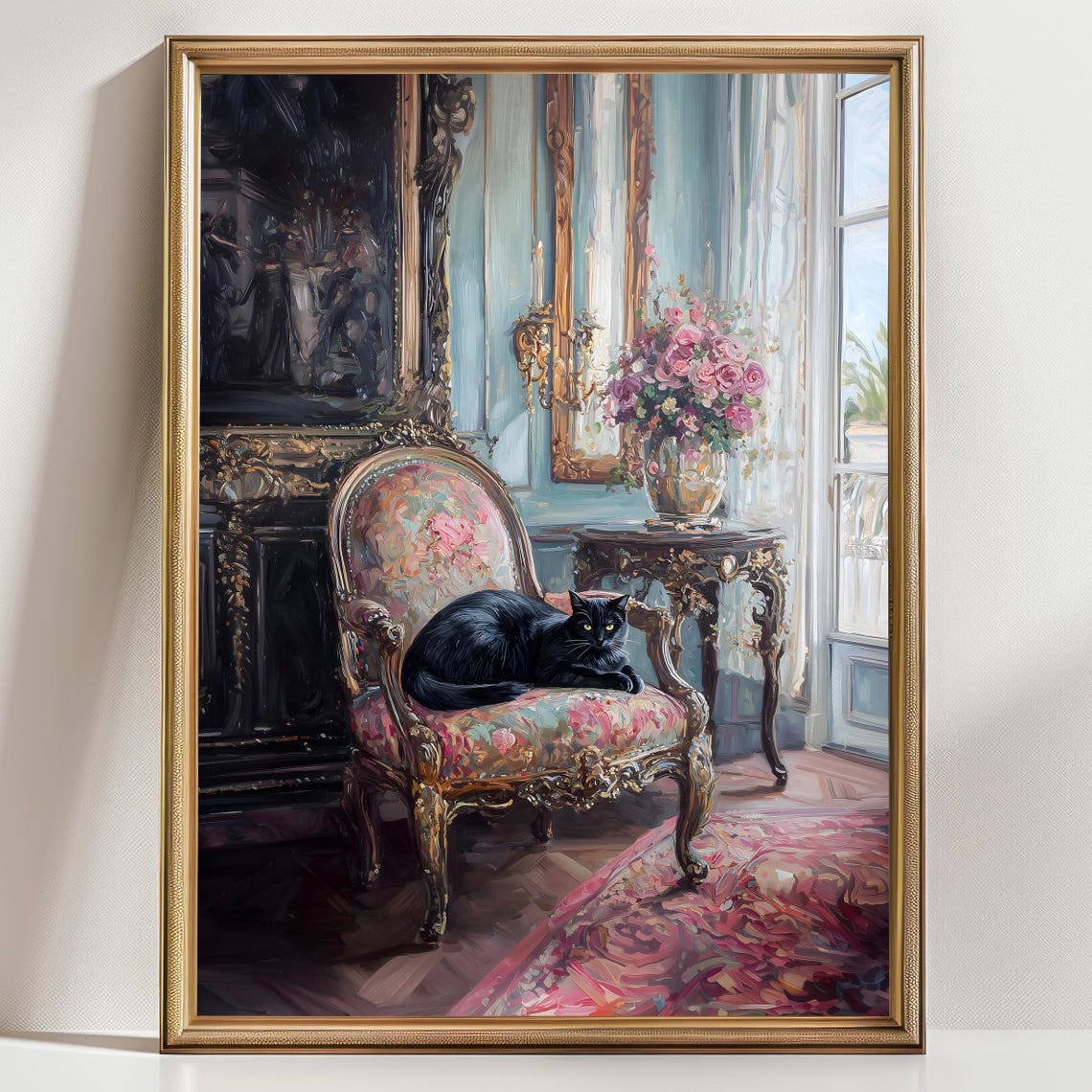 Black Cat On Ornate Victorian Chair Baroque Room Cat Lover Art Poster
