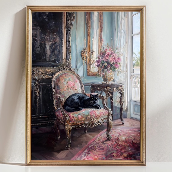 Black Cat On Ornate Victorian Chair Baroque Room Cat Lover Art Poster
