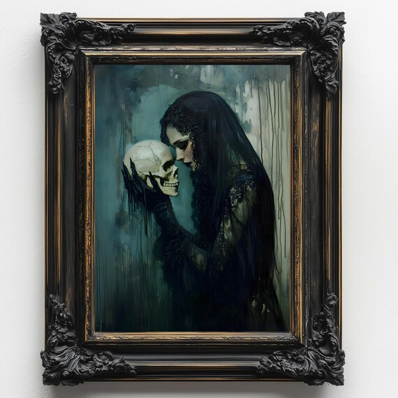 Veiled Woman Skull Black Lace Gothic Mourning Oil Painting Art Print