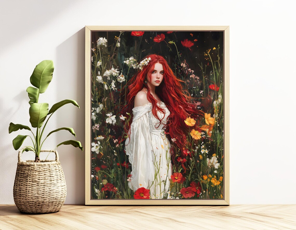 Red Haired Maiden In Wildflower Meadow White Dress Floral Art Poster - Image 2