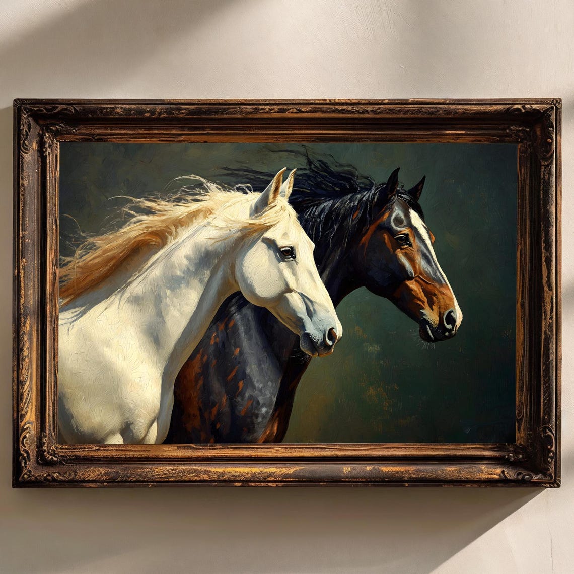 White And Bay Horse Heads Dramatic Dark Background Equestrian Print