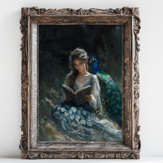 Woman Reading a Book With Peacock, Victorian Dark Academia Art Print