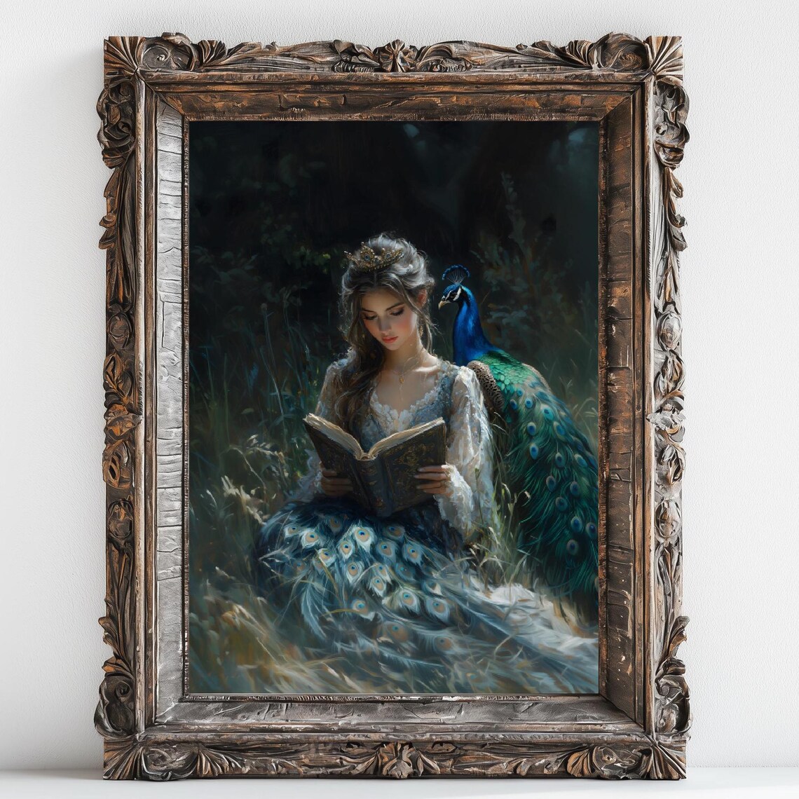 Woman Reading a Book With Peacock, Victorian Dark Academia Art Print