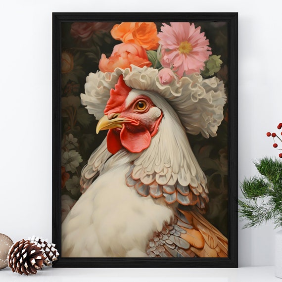 Victorian Chicken Vertical Print Dark Art Altered Print Cottagecore Home Decor Victorian Decoration Dark Academia Floral
