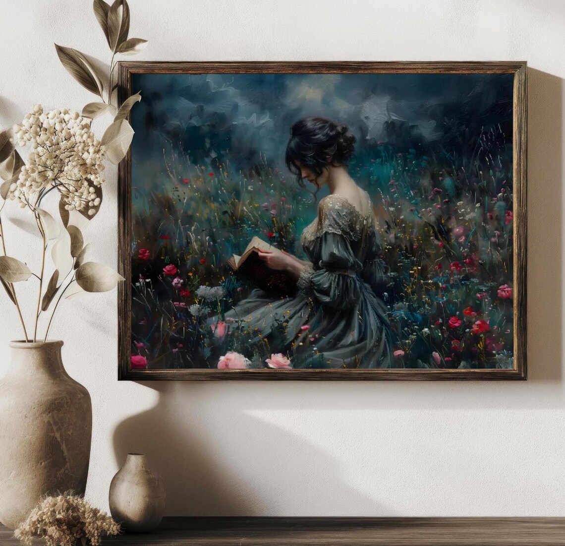 Woman Reading Book with Wildflowers, Art Print