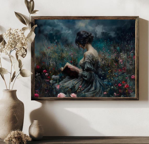 Woman Reading Book with Wildflowers, Art Print