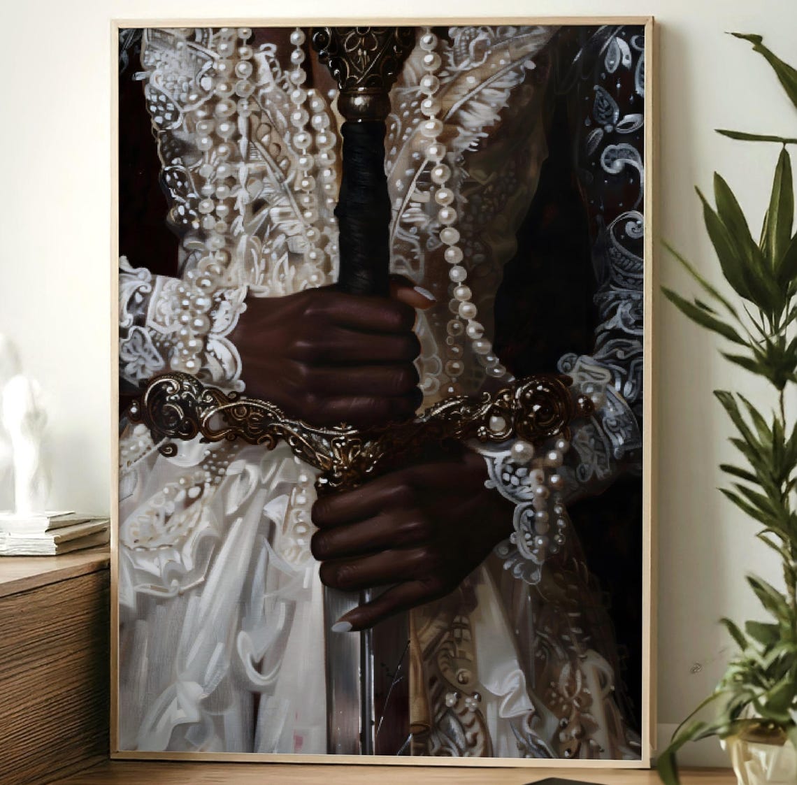 Black Lady Sword Hands Pearl Lace Victorian Gown Dark Art Print - Image 2