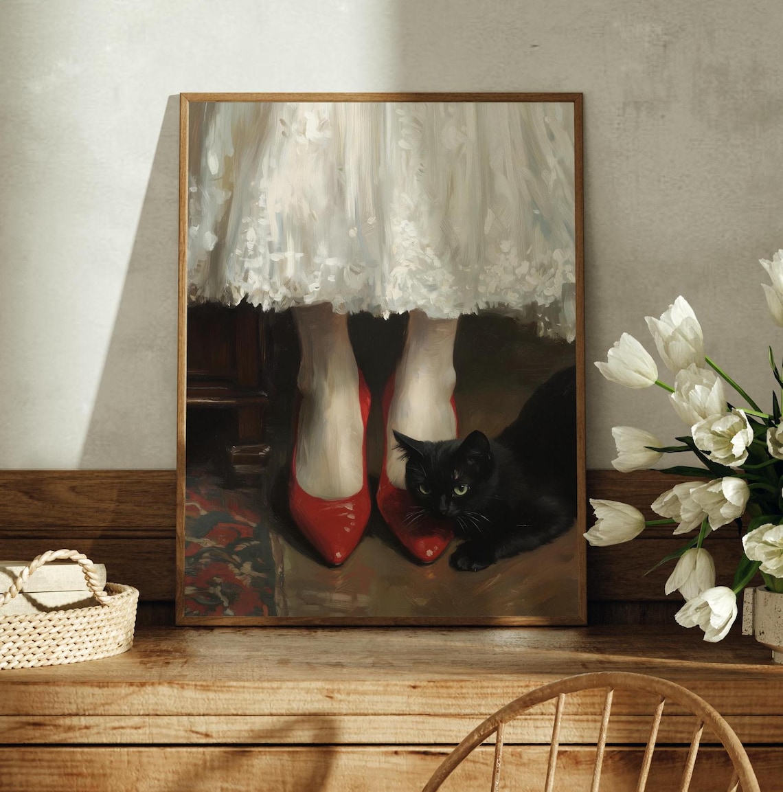 Black Cat with Woman in Red Heels Lace Dress Vintage Cat Poster - Image 4