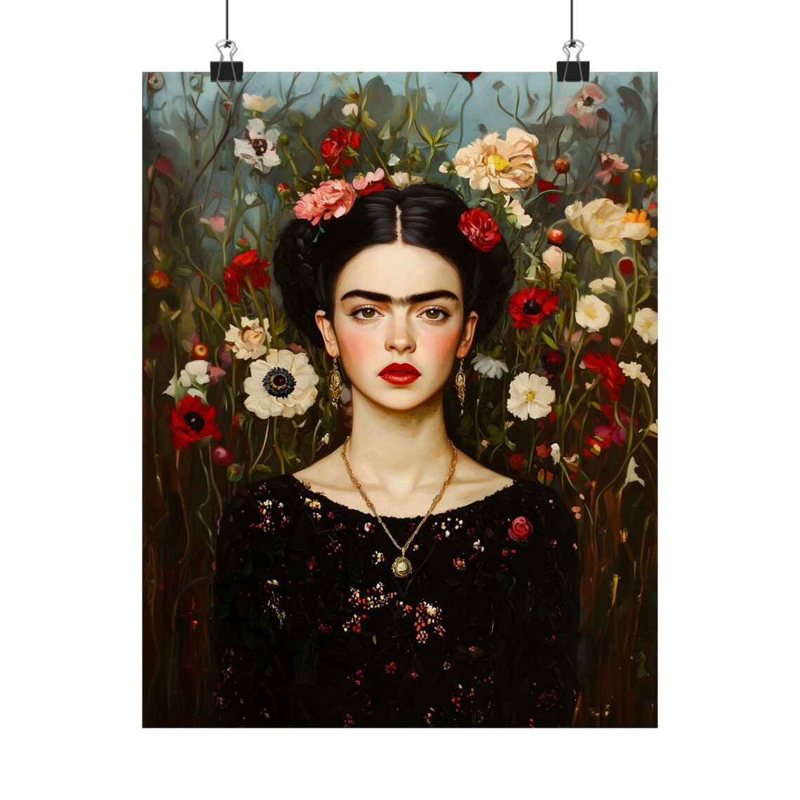 Frida Kahlo Inspired Portrait Wildflowers Black Dress Dark Art Print - Image 2