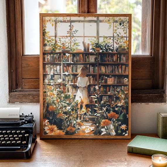 Aquarell Library Poster Greenhouse Library Reading Book Lovers Gift Bookish Wall Art Retro Book Lovers Art Library Wallart Gift Idea