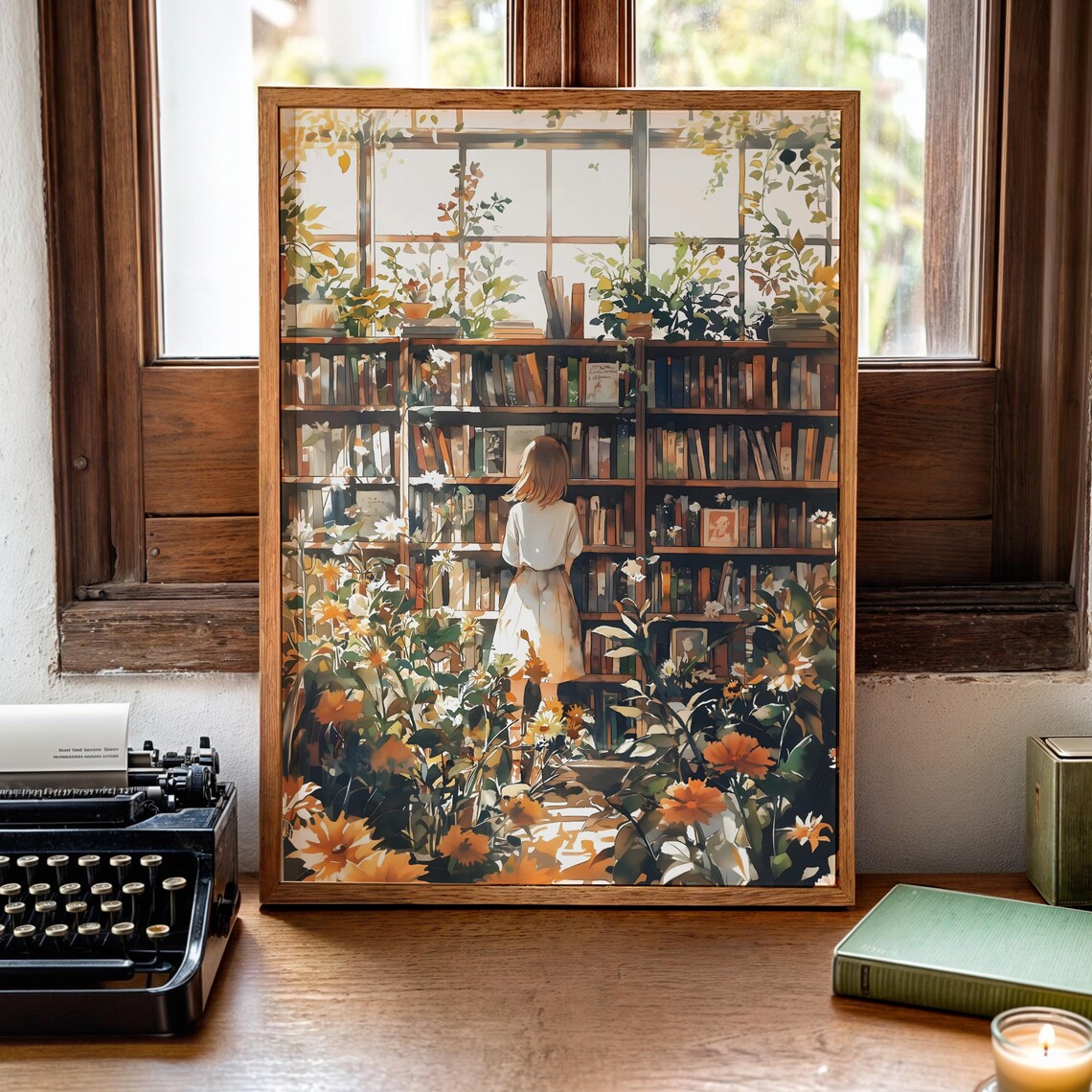 Girl Browsing Books Greenhouse Library Wildflower Window Art Poster