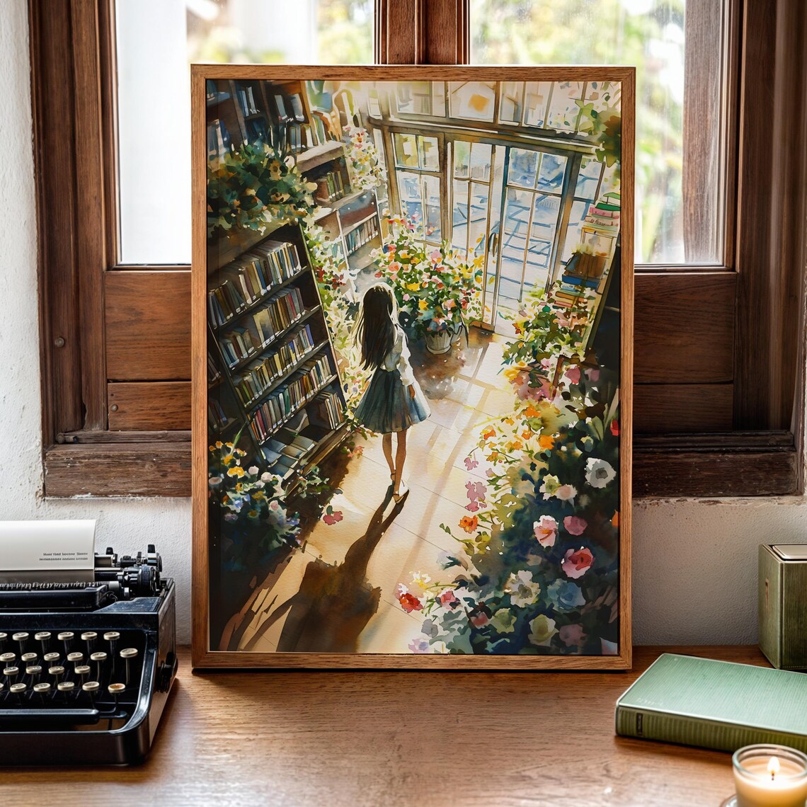 Anime Girl Strolling Flower Aisle Greenhouse Library Art Poster