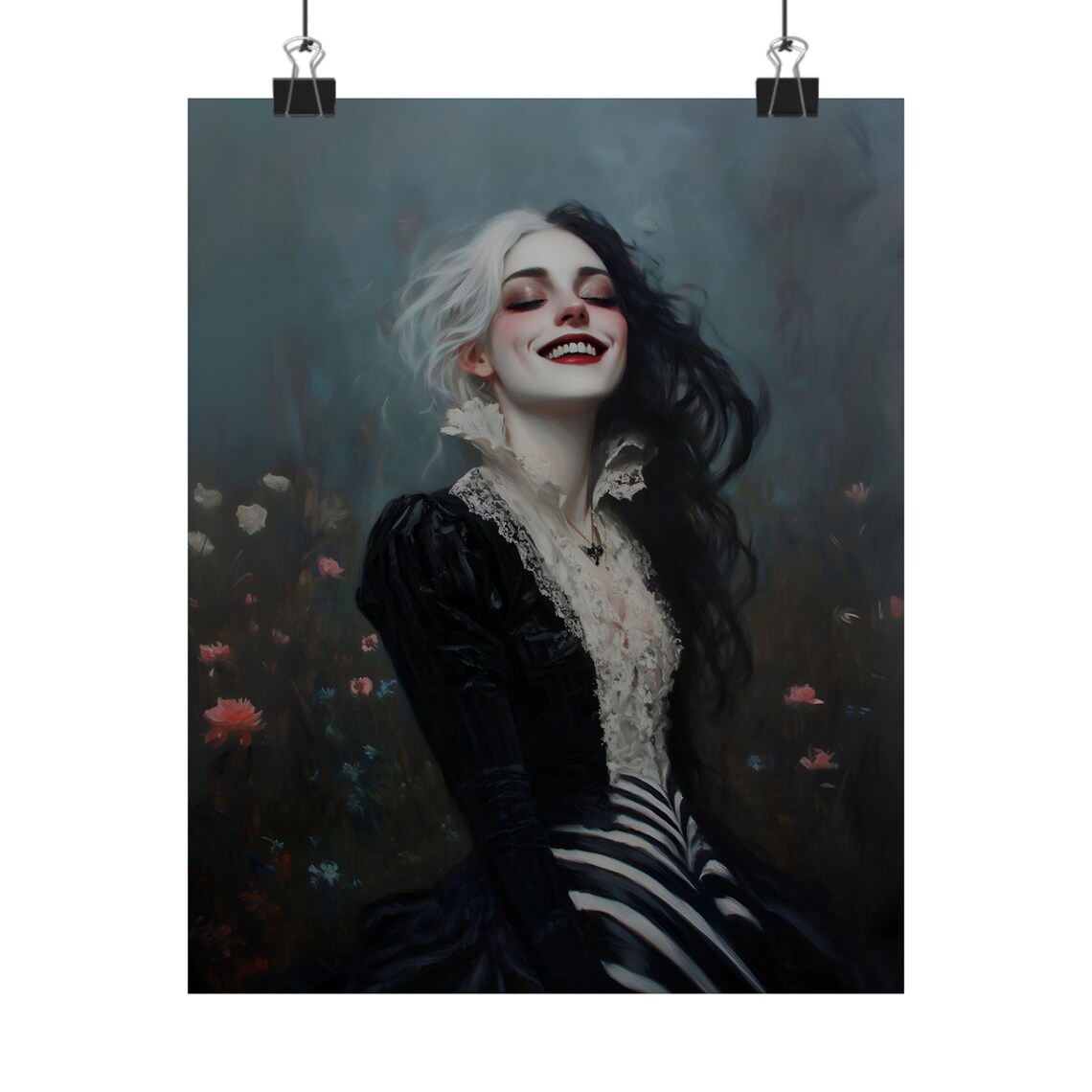 Joyful Witch With Black And White Hair Laughing Dark Floral Portrait Poster - Image 2