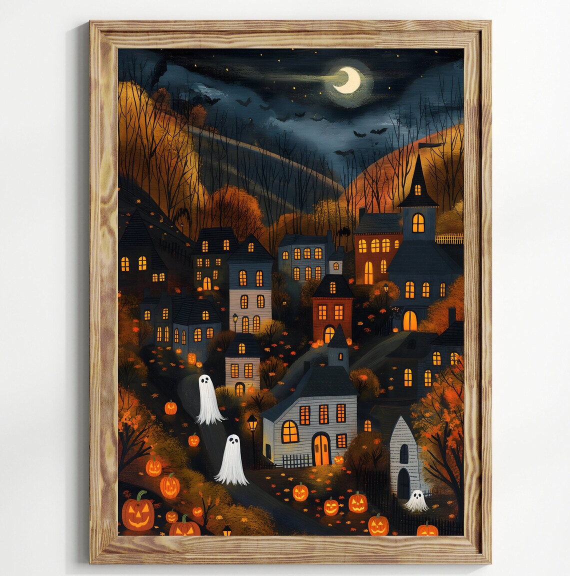 Halloween Town Folk Art Print, Halloween Decor
