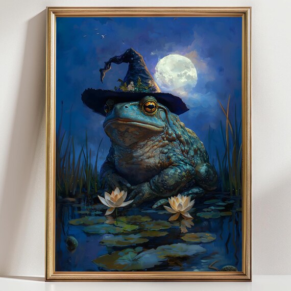 Wizard Toad Witch Hat Full Moon Pond Water Lilies Gothic Halloween Poster