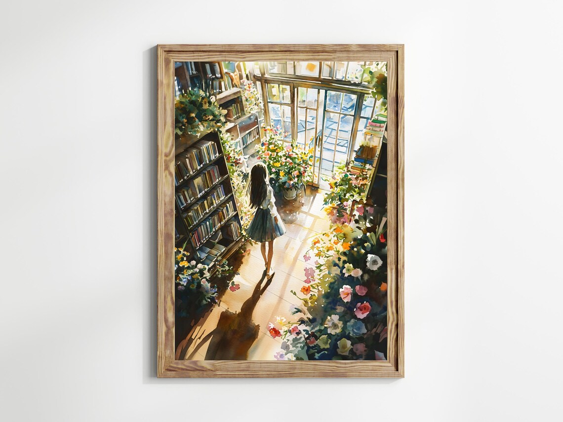 Anime Girl Strolling Flower Aisle Greenhouse Library Art Poster - Image 2