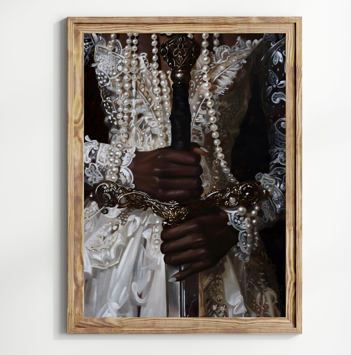 Black Lady Sword Hands Pearl Lace Victorian Gown Dark Art Print - Image 3