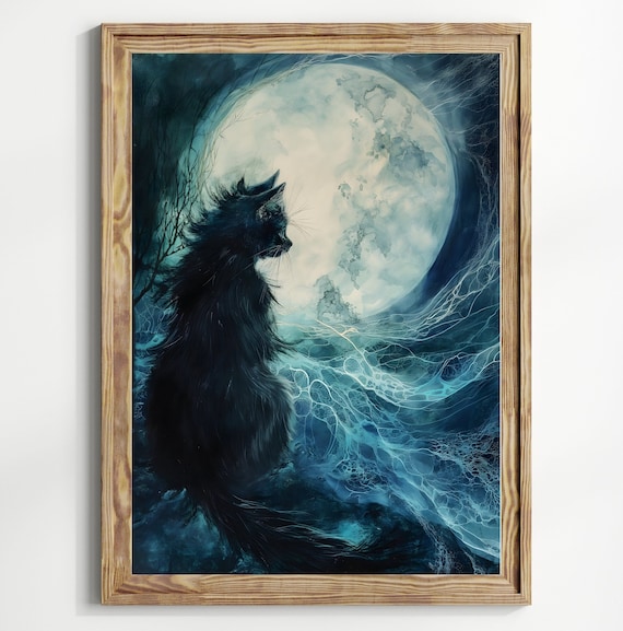 Black Cat Silhouette Before Full Moon Teal Ethereal Night Art Poster