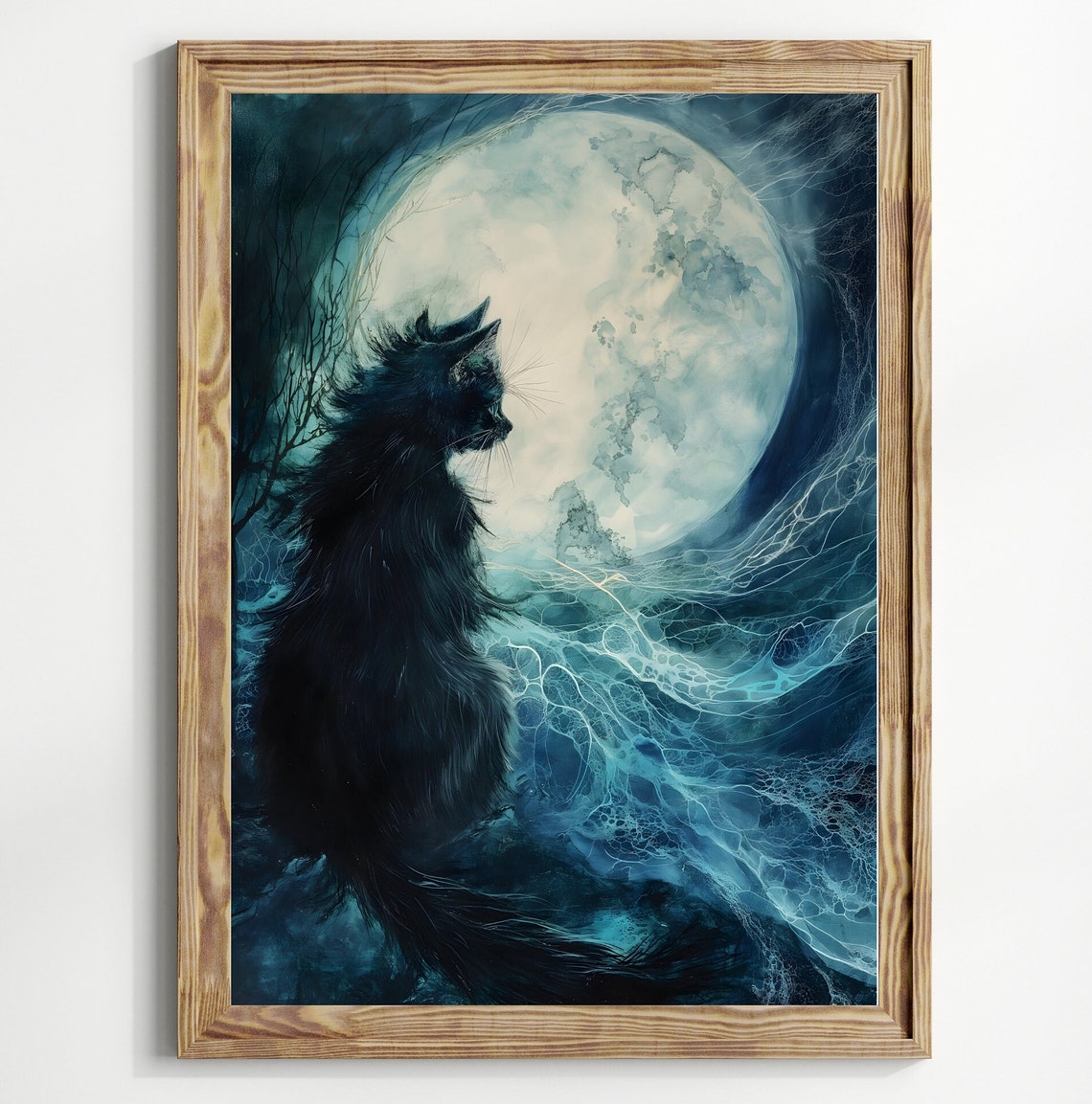 Black Cat Silhouette Before Full Moon Teal Ethereal Night Art Poster