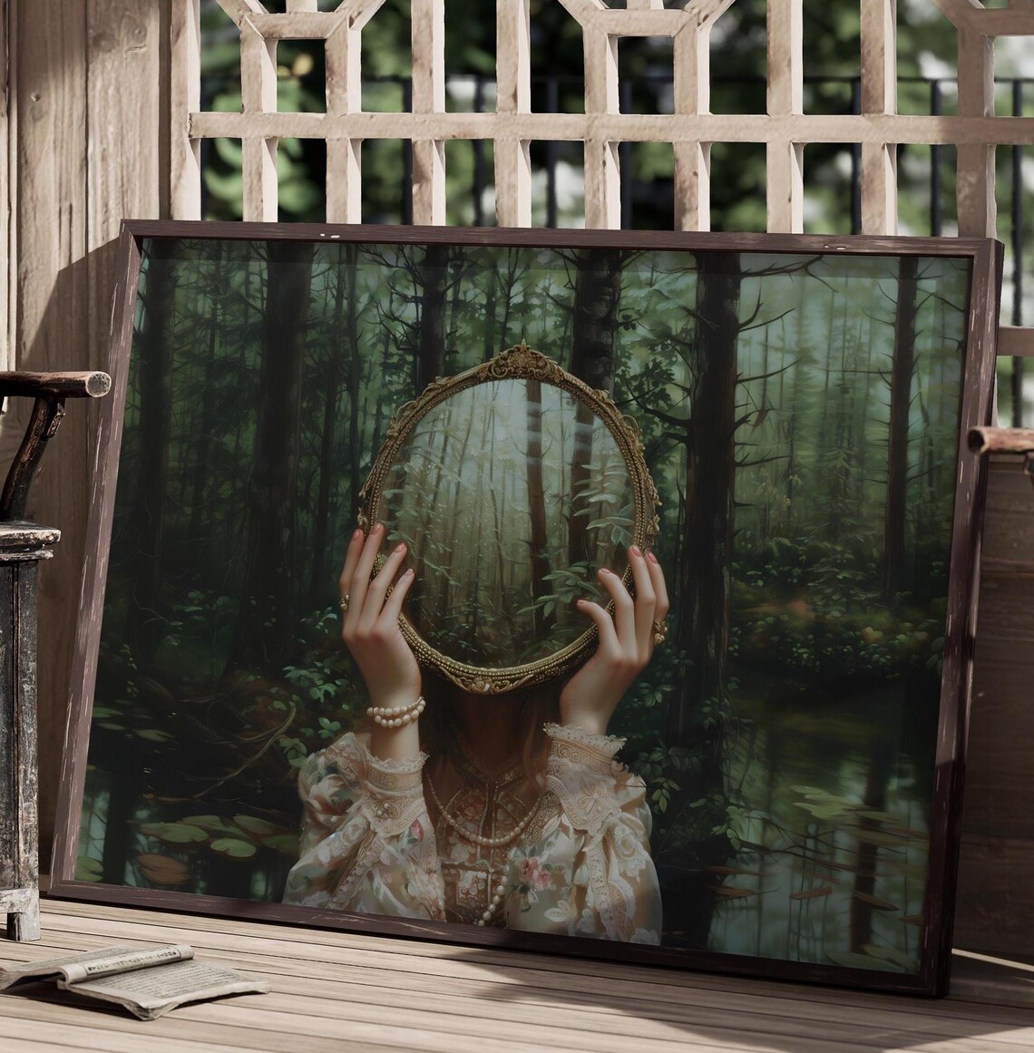 Woman Holding Ornate Mirror Over Face In Misty Green Forest Gothic Victorian Poster - Image 2