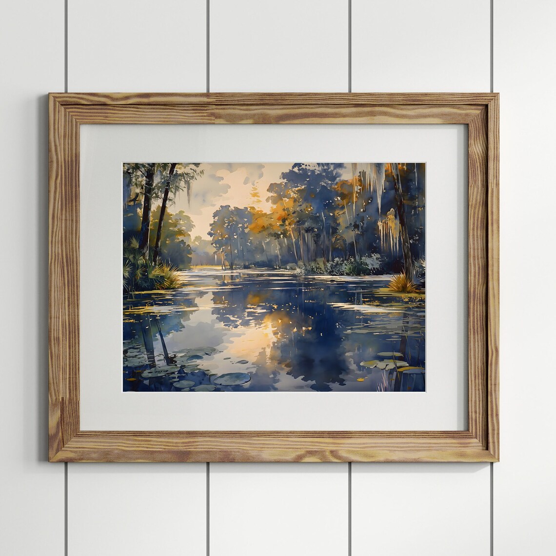 Sunset Cypress Swamp Lake Golden Reflection Watercolor Wetlands Art Print - Image 4