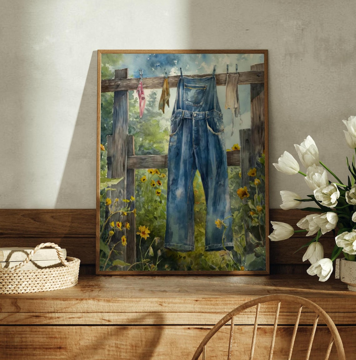 Laundry On A Line, Vintage Cottagecore Wall Art Print