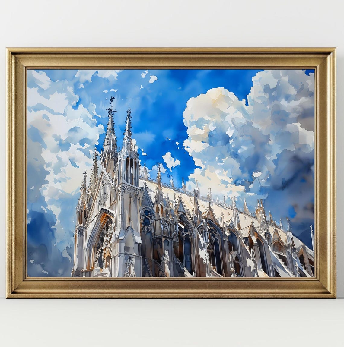 White Gothic Cathedral Twin Spires Dramatic Blue Sky Watercolor Poster