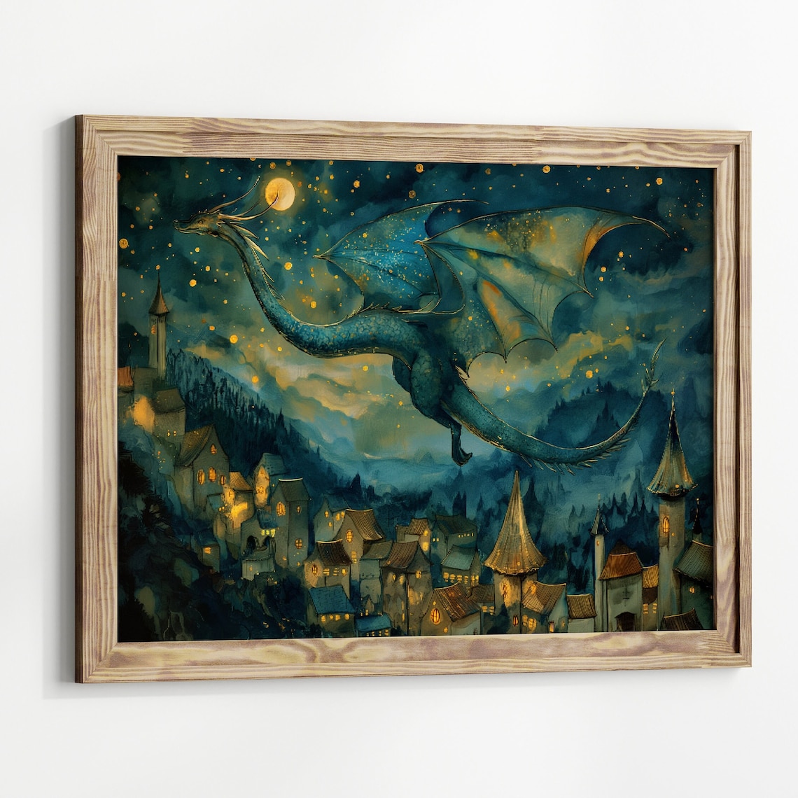 Blue Dragon Watercolor Fantasy Kingdom Night Art Print