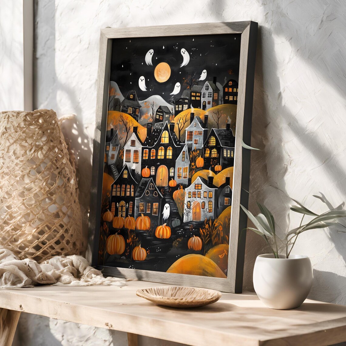 Halloween Town Folk Art, Vintage Halloween Poster - Image 2