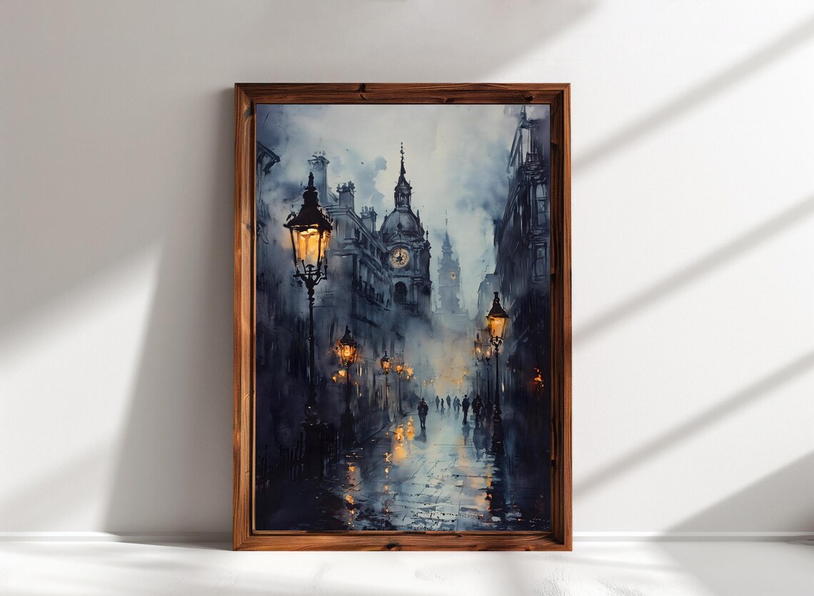 London England Rainy Victorian Street Lamplight Clock Tower Travel Poster - Image 2