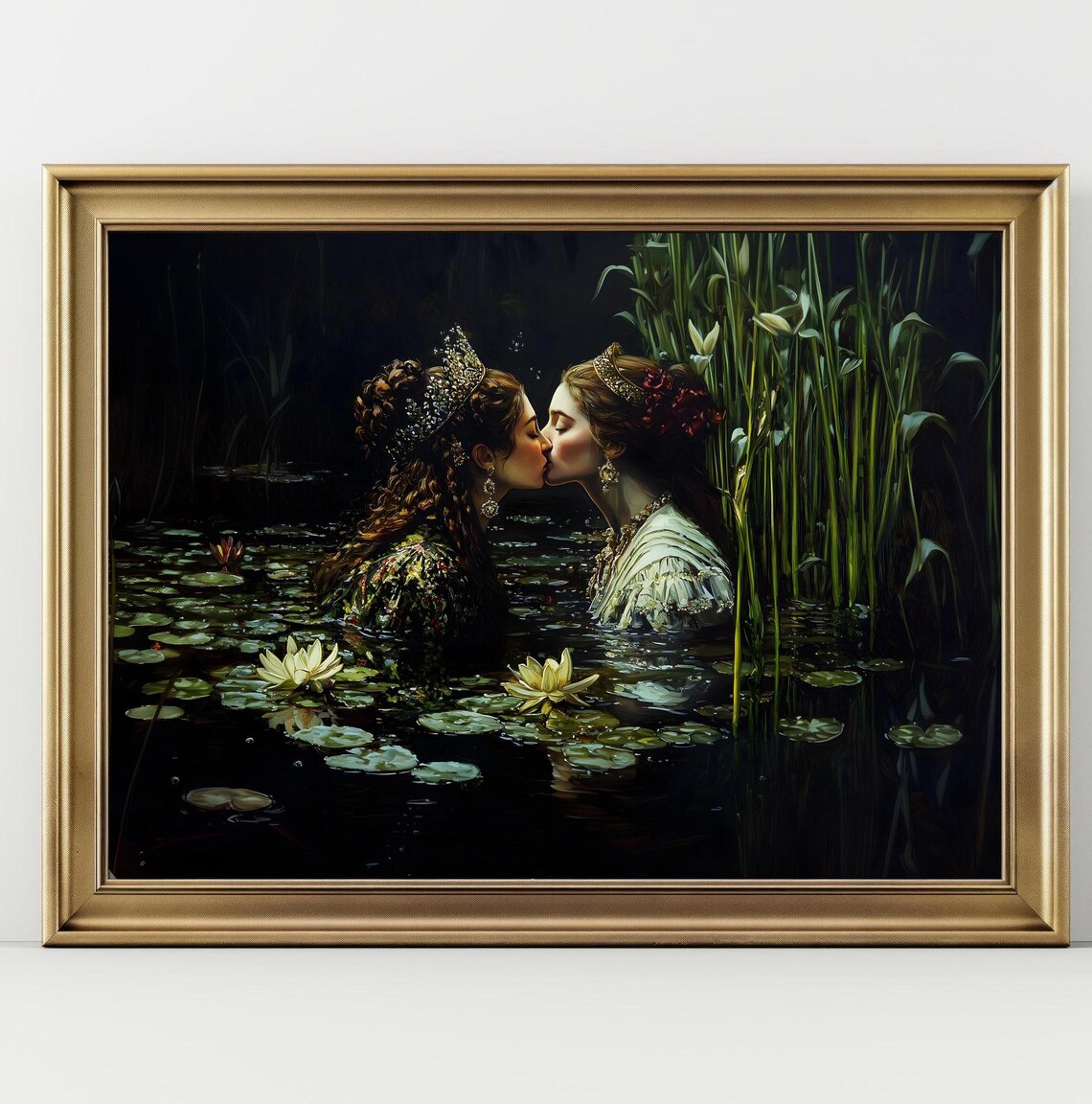 Two Crowned Women Kissing In Moonlit Lily Pond Sapphic Romance Art Poster