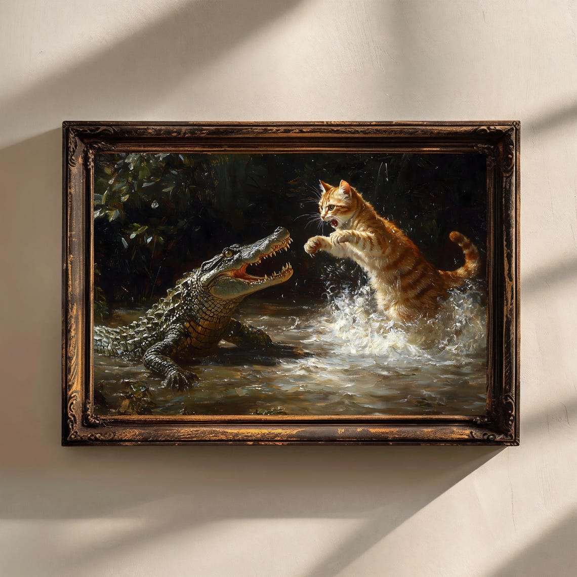 Ginger Kitten Fighting Alligator Vintage Funny Oil Painting Art Print - Image 2