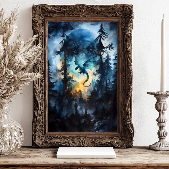 Forest Dragon Watercolor Art Horizontal Poster Print Fantasy Art Forest And A Dragon Fantasy Painting Watercolor Illustration Dark Academia